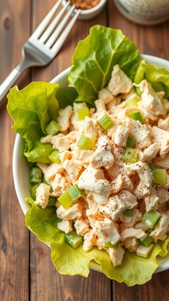 A bowl of zero carb chicken salad with shredded chicken, mayonnaise, and celery on lettuce leaves.